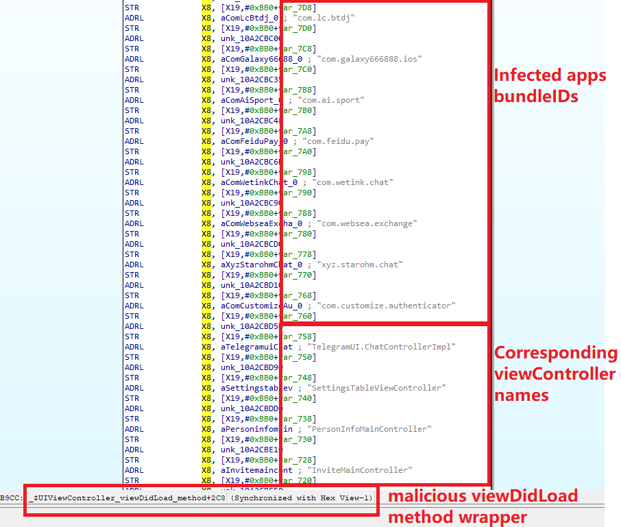 Trecho de código do wrapper malicioso em torno do método viewDidLoad que determina em qual aplicativo o trojan está sendo executado
