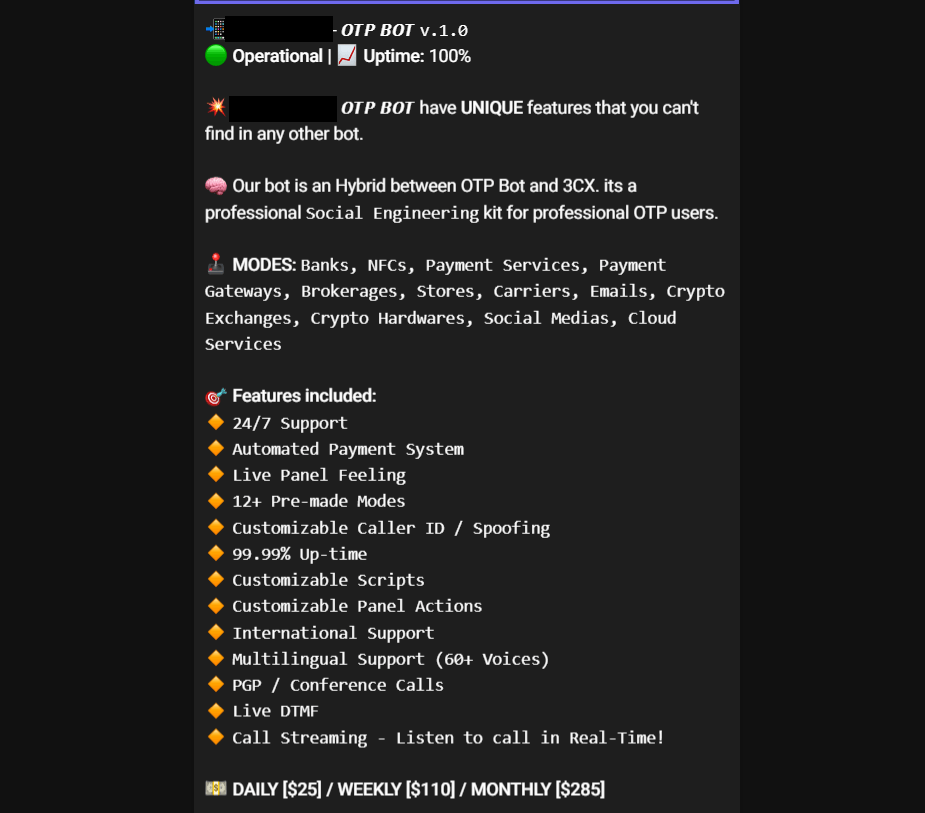 Uma lista de recursos oferecidos por um determinado bot OTP