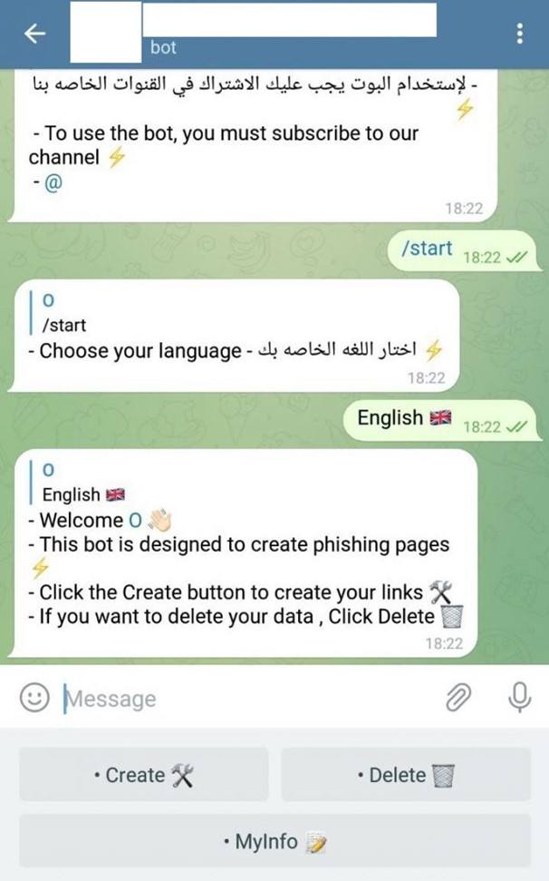 Início de um bot de phishing do Telegram