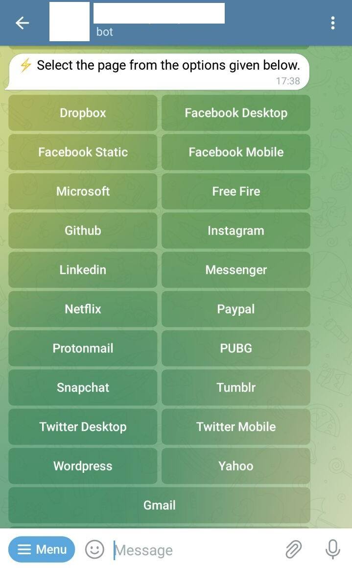 Lista de serviços sugeridos pelo bot