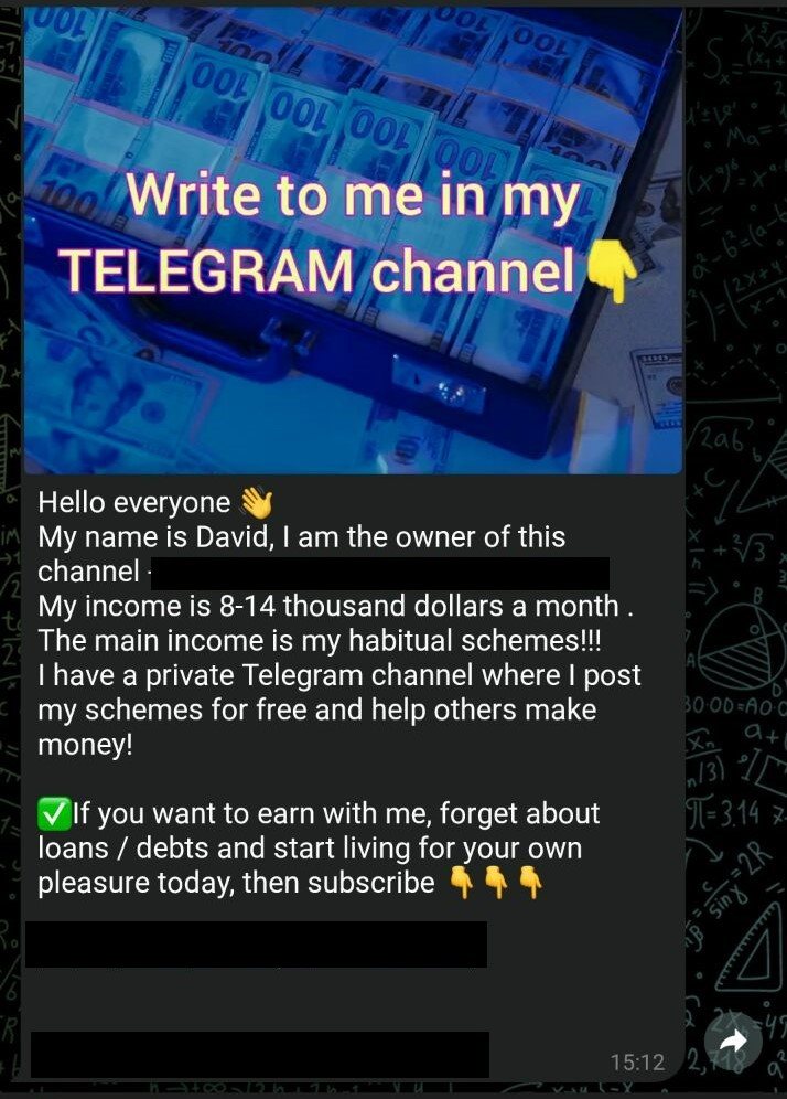 Anúncio de um canal do Telegram que oferece conteúdo de phishing