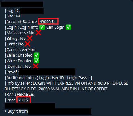 Oferta de credenciais para uma conta com saldo de 49 mil USD