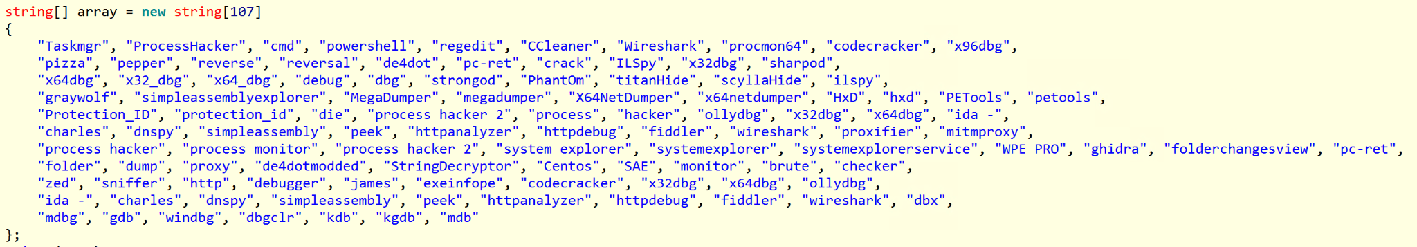 Lista de processos que o malware procura para encerrar