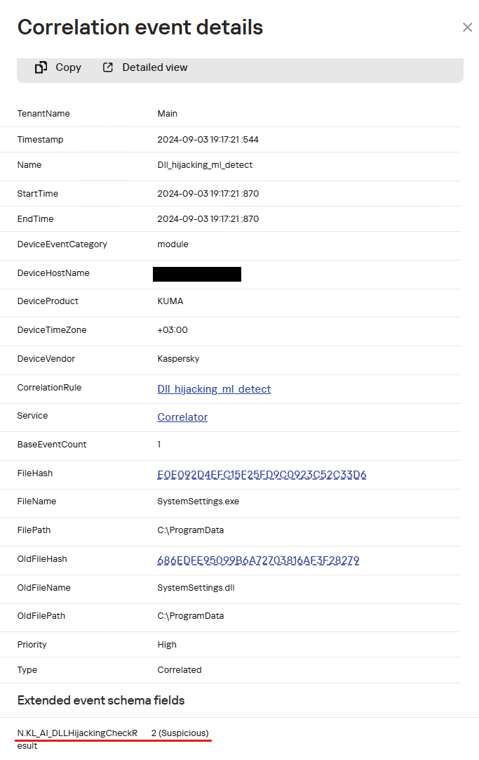Exemplo de um evento de carregamento do SystemSettings.dll com um veredicto de módulo de DLL hijacking no Kaspersky SIEM