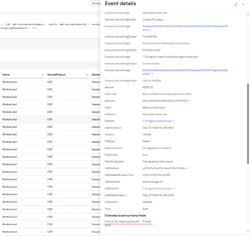 Exemplo de um evento de carregamento do policymanager.dll com um veredicto de módulo de DLL hijacking no Kaspersky SIEM