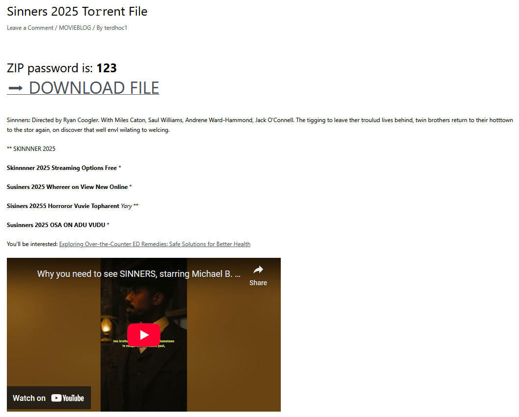 Eis um exemplo de uma postagem desse tipo em https://lovetahq[.]com/sinners-2025-torent-file/