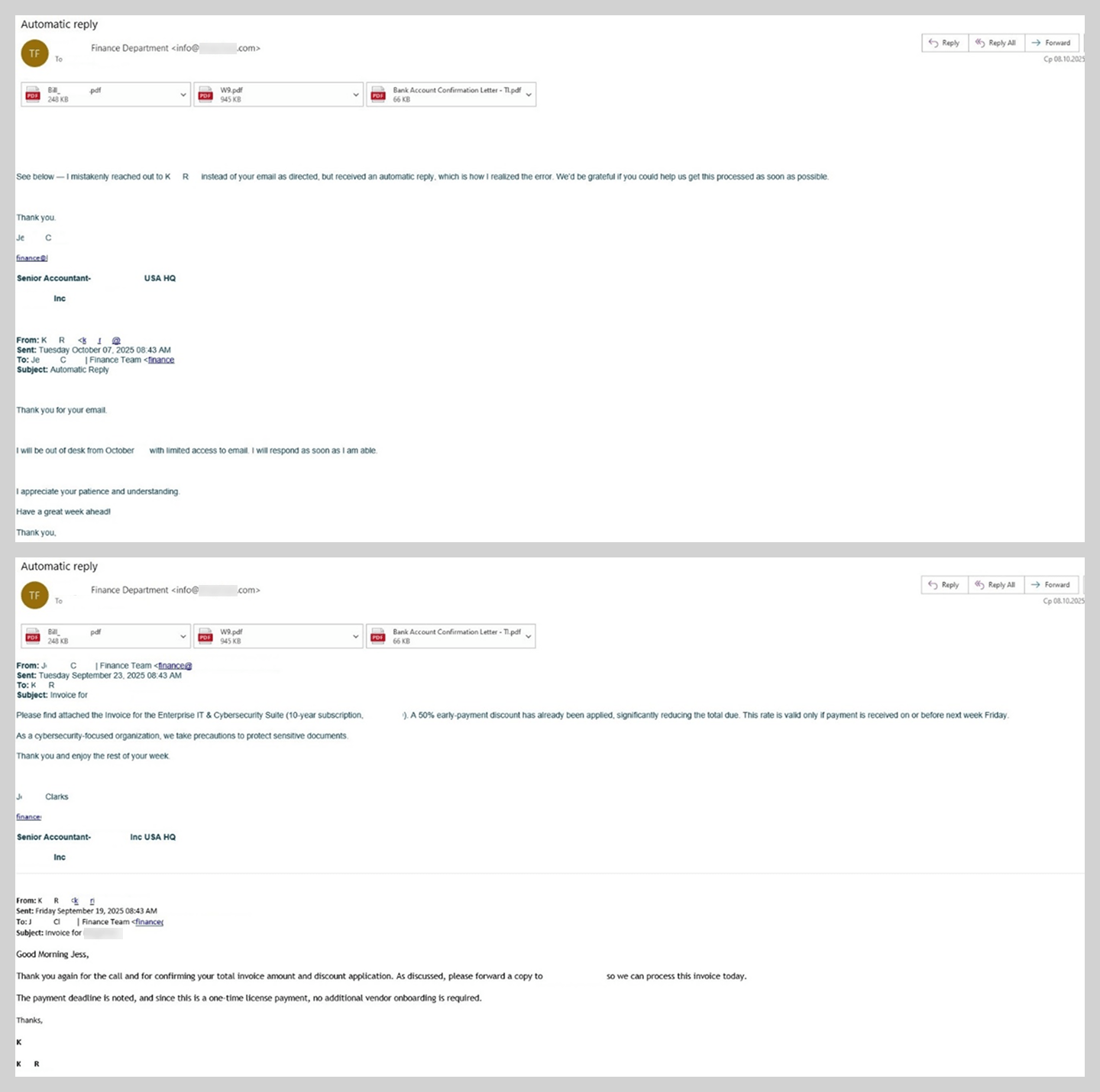 E-mail BEC com reencaminhamento de uma cadeia de mensagens