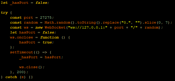 Solicitação do WebSocket para verificar se a porta está aberta