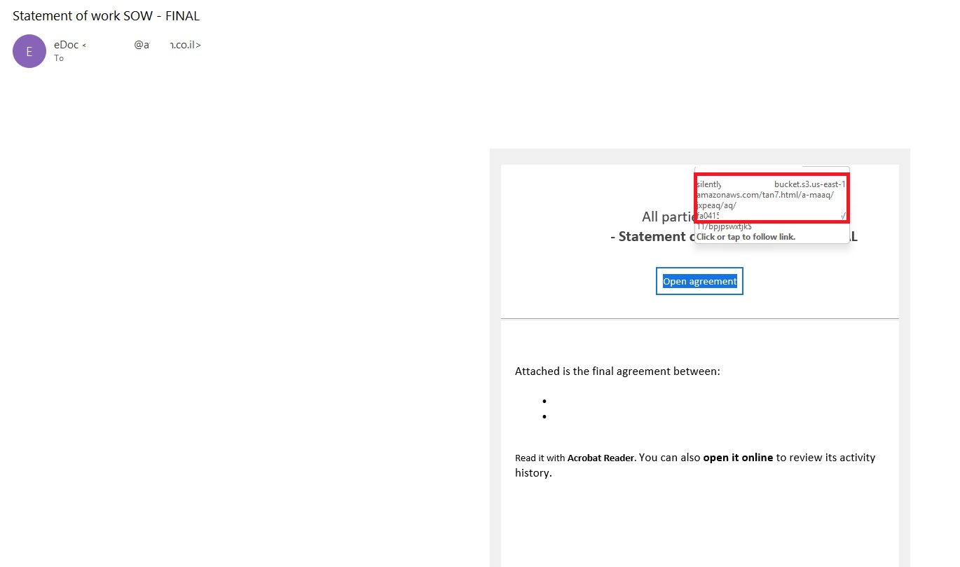 E-mail de phishing com um "documento"