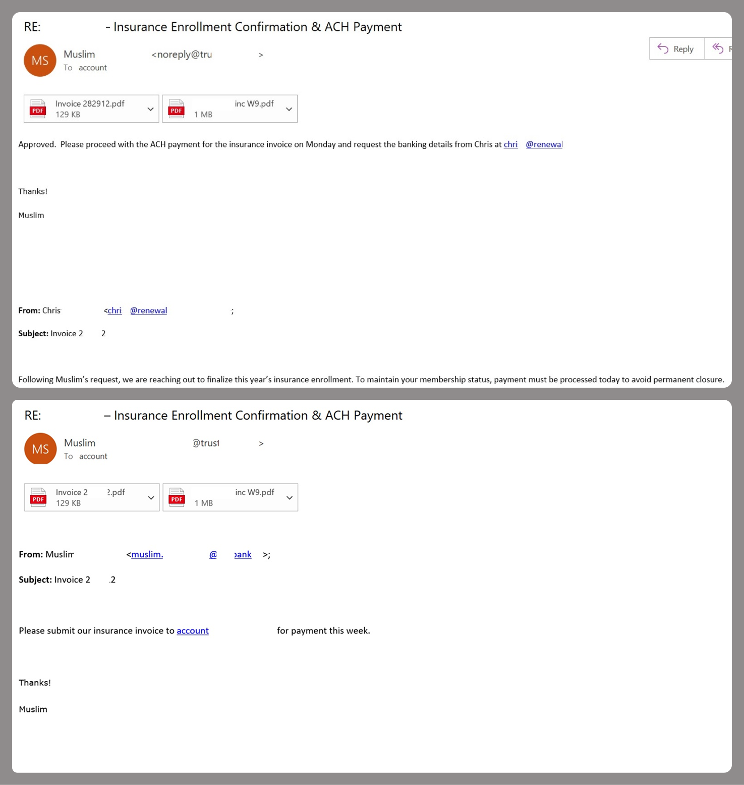 Mensagem BEC com troca de e-mails entre funcionário e empresa fornecedora