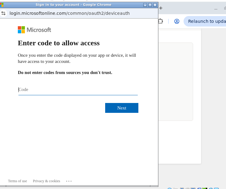 Página da Microsoft para inserção do código