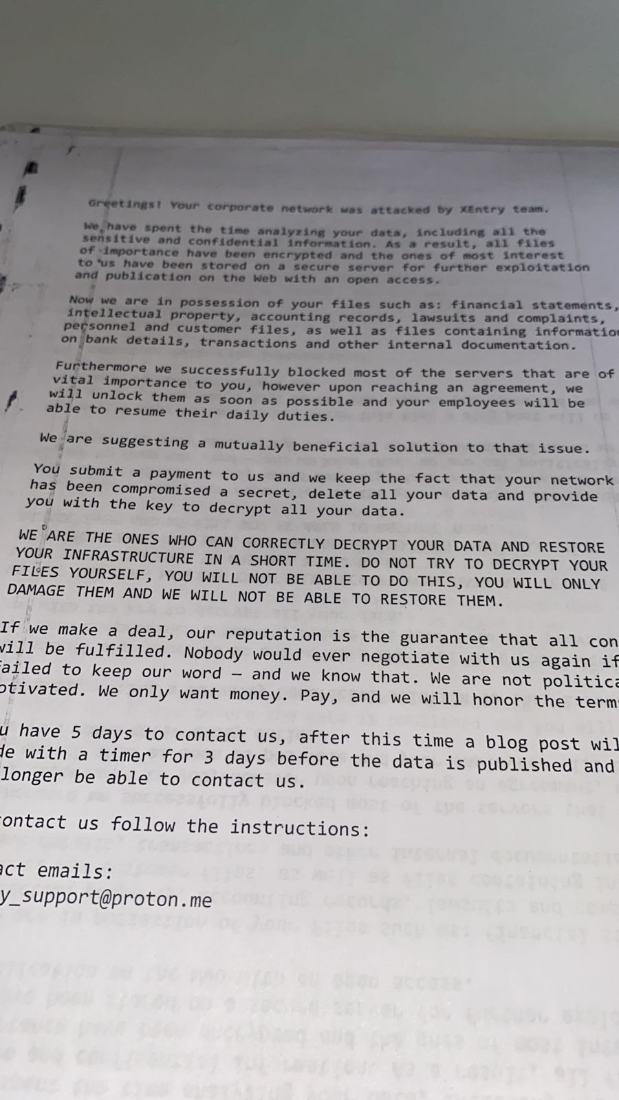 Nota de resgate impressa pelo XEntry Team