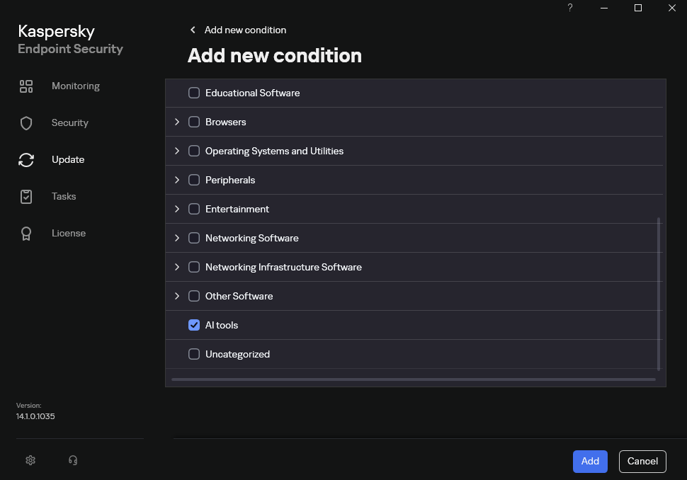 Configuração do "Controle de Aplicativos" com a categoria "Ferramentas de IA" no KES