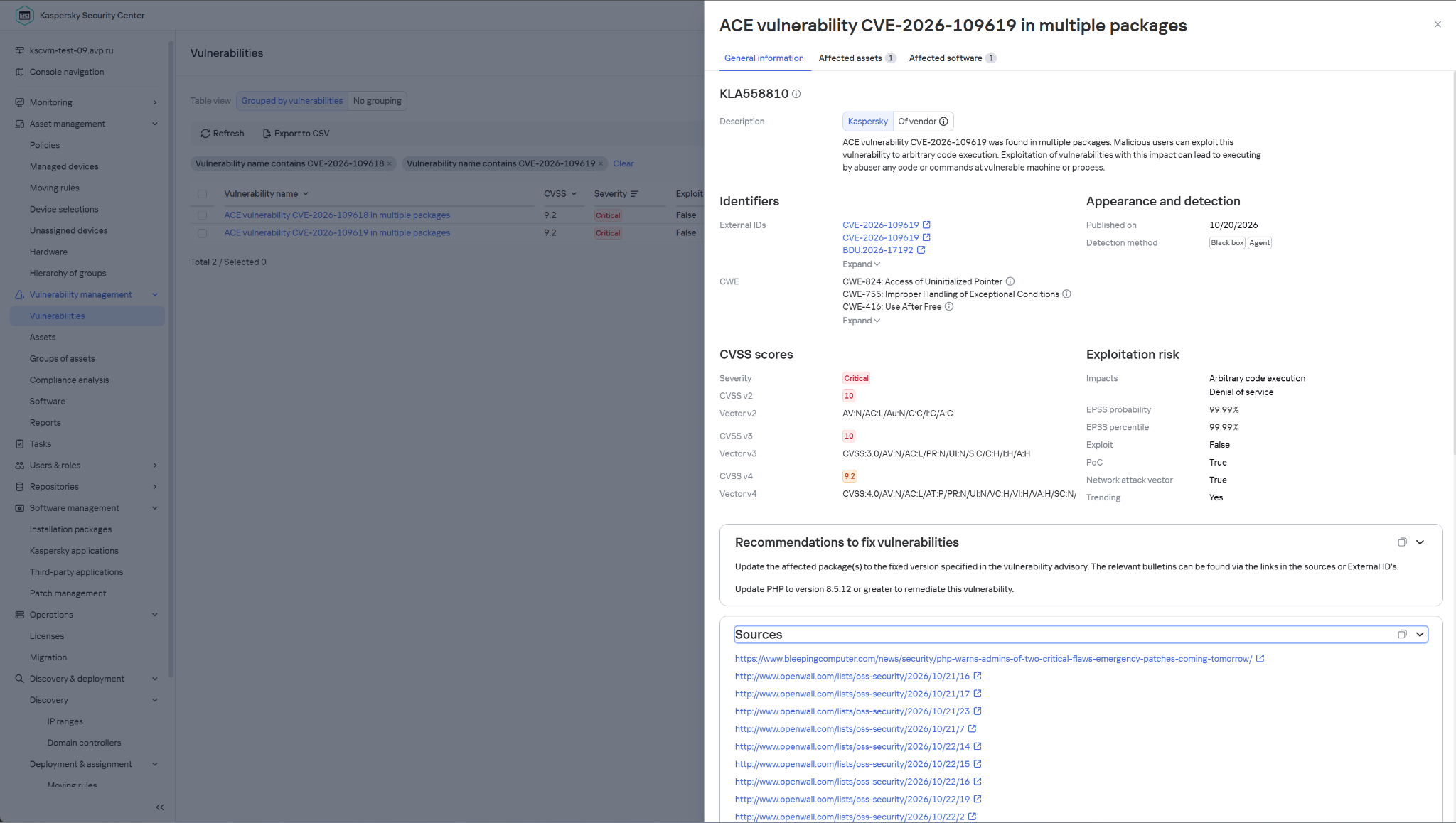 php2shell-3 Detecção da vulnerabilidade no PHP no Kaspersky Vulnerability Management