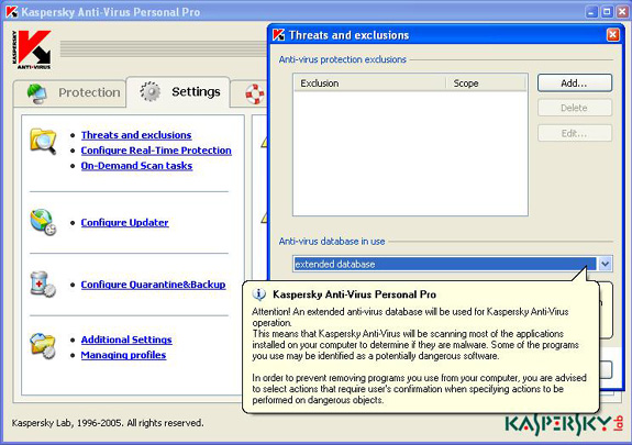 Screenshot of KAV Personal with Threats and exclusions window open