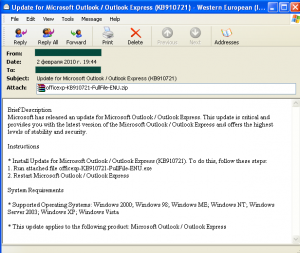 Malicious programs packed with the help of Krap.x were also distributed in emails that offered users the chance to install a Microsoft Outlook update