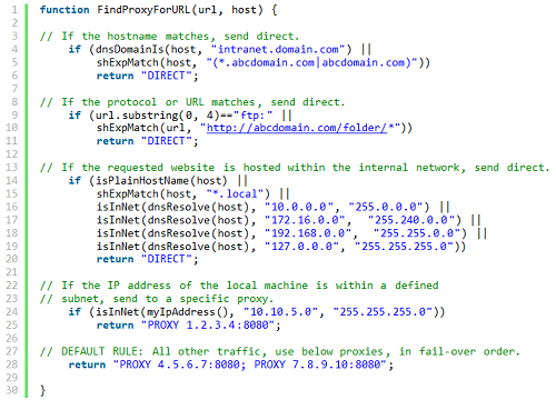 Bypass proxy server for local addresses pac file