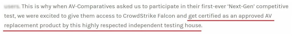 Crowdstrike claims it's certified by AV-Comparatives as a 'Legacy AV' replacement