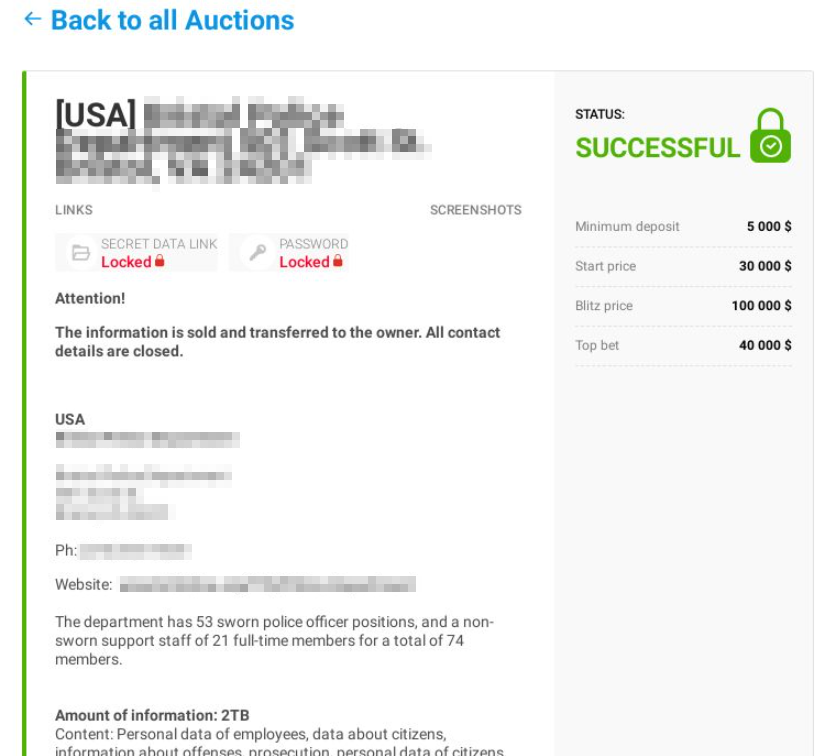 Blackmailer blog: auction closed stolen data sold to a single buyer