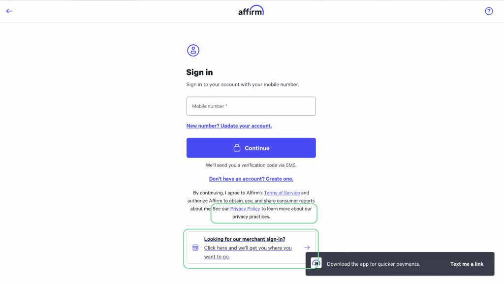 The real Affirm login page Differences highlighted