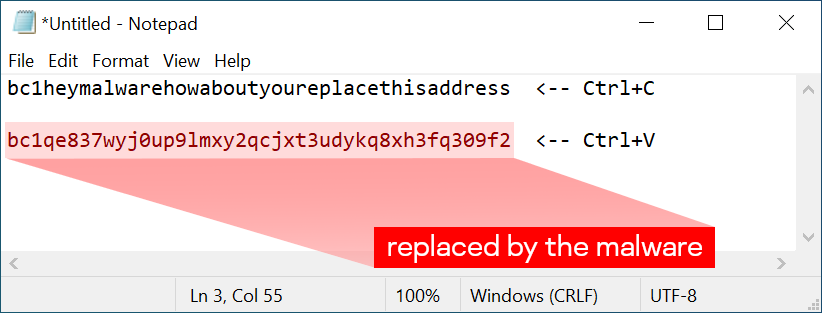 Bitcoin address replaced by malware after pasting in an infected system