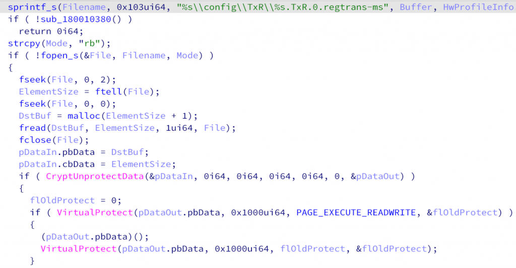 Snippet of the loading function using CryptUnprotectData