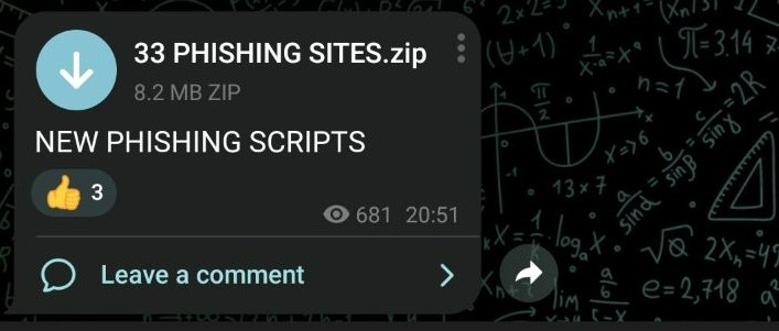 Archive with phishing kits posted in a Telegram scam channel
