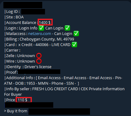 Offer of credentials for an account with a balance of $1,400