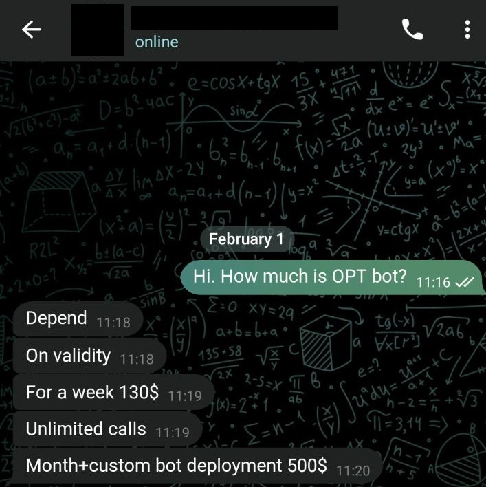 Our chat with the vendor about OTP bot pricing