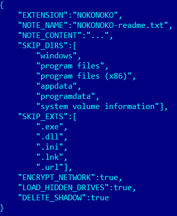 Decrypted and formatted config of Nokoyawa ransomware