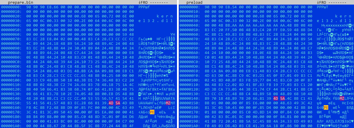 Comparison between Rhandamanthys's prepare.bin and Hidden Bee's preload modules