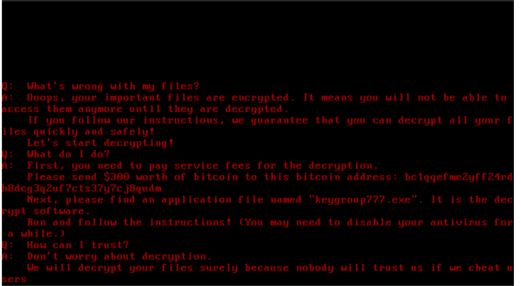 Screen from the MBR locker included in the Annabelle ransomware (displayed after reboot)