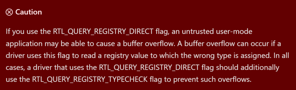 Note from RtlQueryRegistryValues documentation