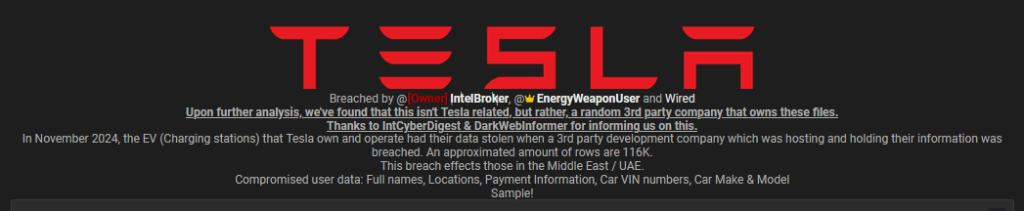 Dark web post claiming a Tesla data breach, later edited to claim to be a breach of a third-party EV charging firm