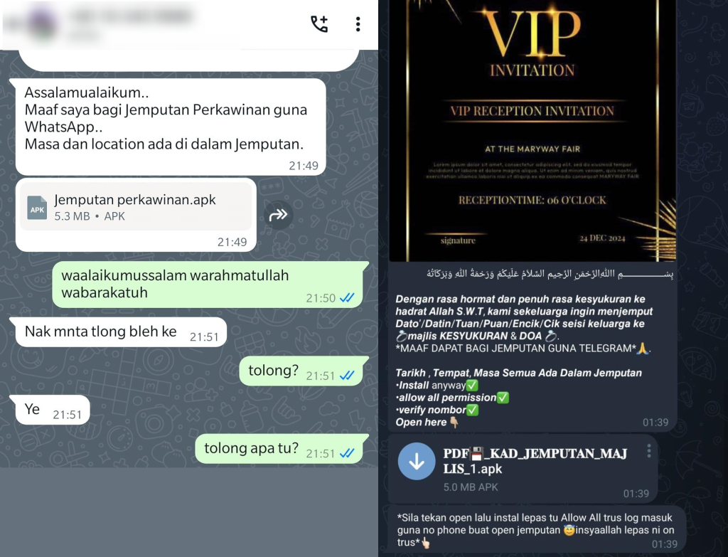 Delivery through a compromised WhatsApp account (on the left) and through a compromised Telegram account (on the right)