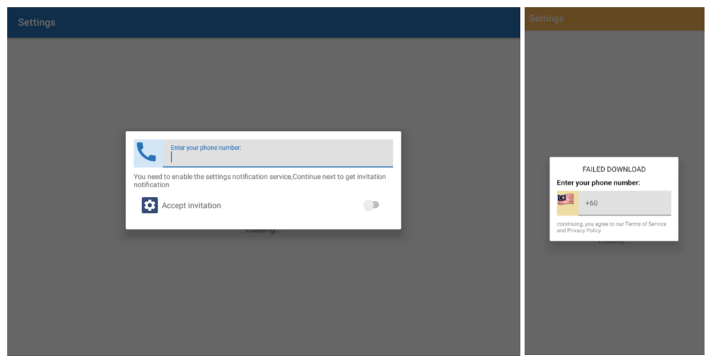 Custom dialog box prompts for a phone number (new version on the left, earlier version on the right)