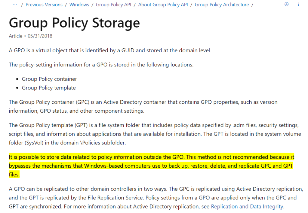 The possibility of storing policy data on third-party resources as mentioned in Microsoft documentation