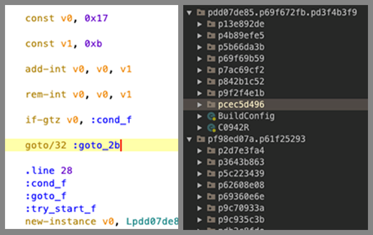 Junk code (on the left) and renaming (on the right) obfuscation methods applied to the malicious implant