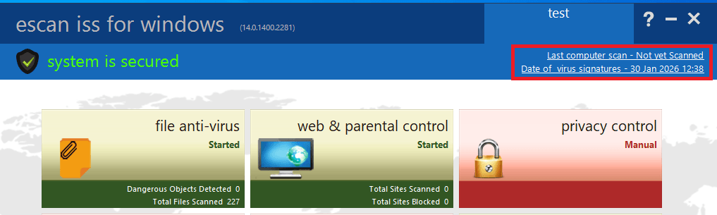 Screenshot of the eScan product GUI, with the highlighted date that is changed by the payload