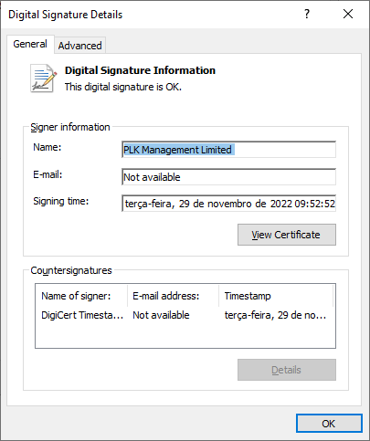 Stolen certificate used to sign the malicious installer
