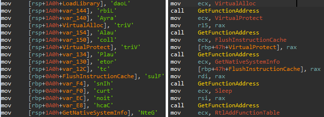 The old sample (left) used stack strings with API names. The new sample (right) uses the API hashing obfuscation technique
