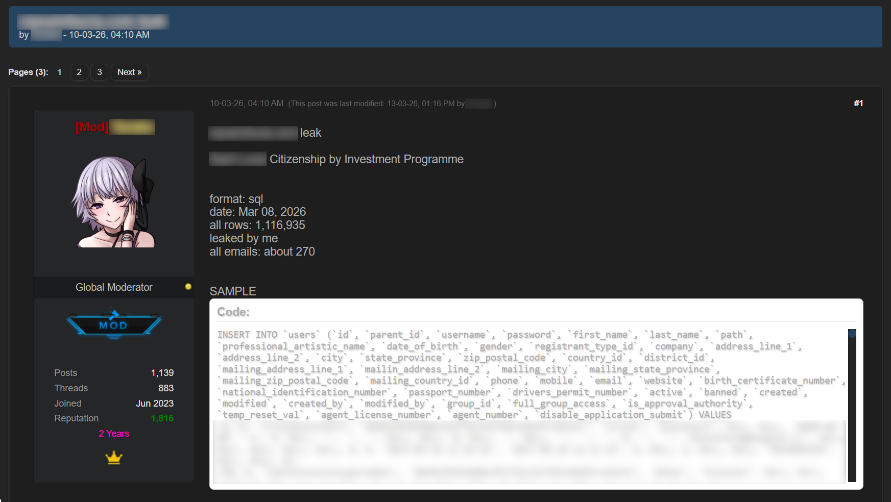 An example of a post offering a database