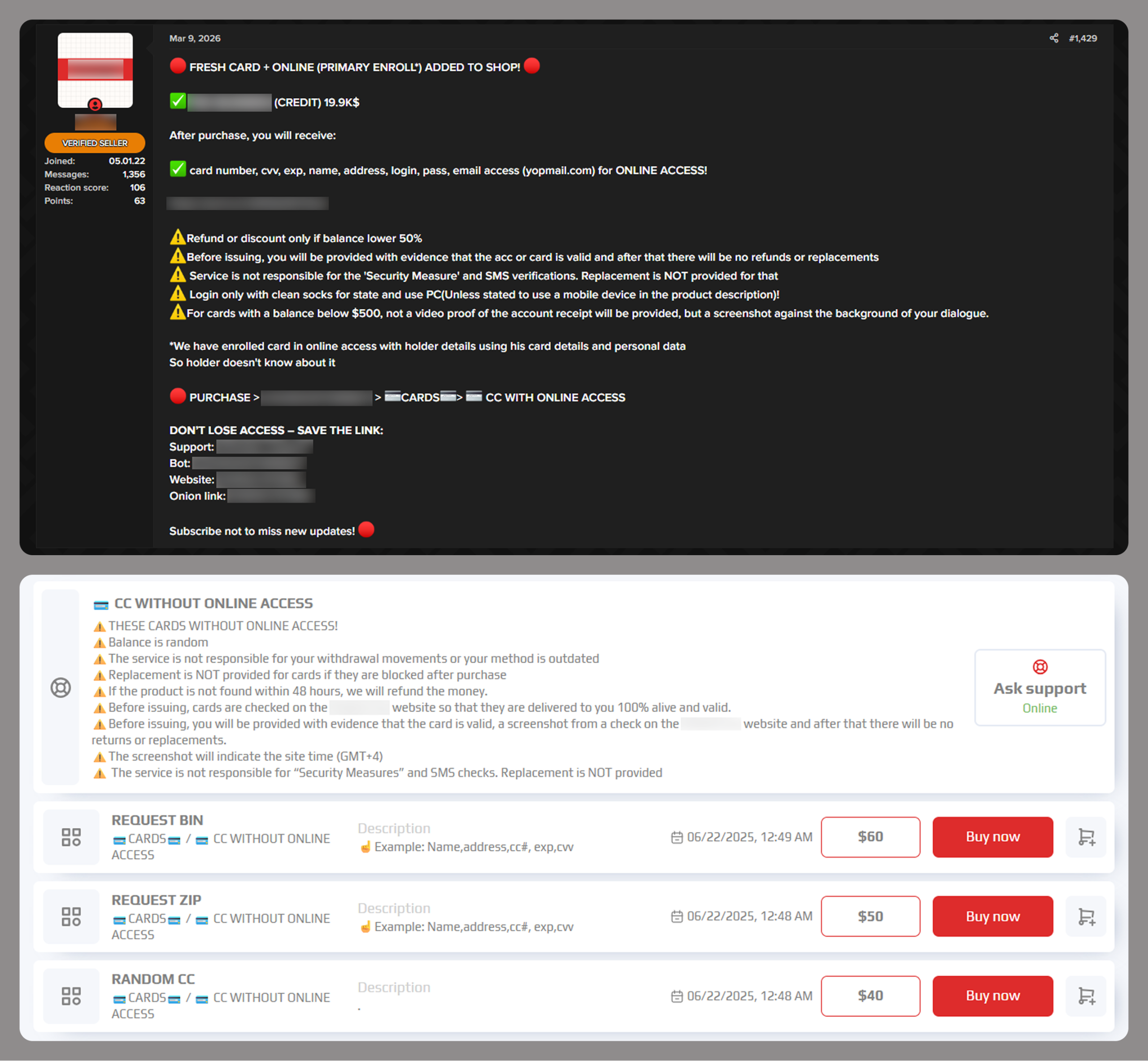 Examples of a post (top) and a site (bottom) offering payment cards