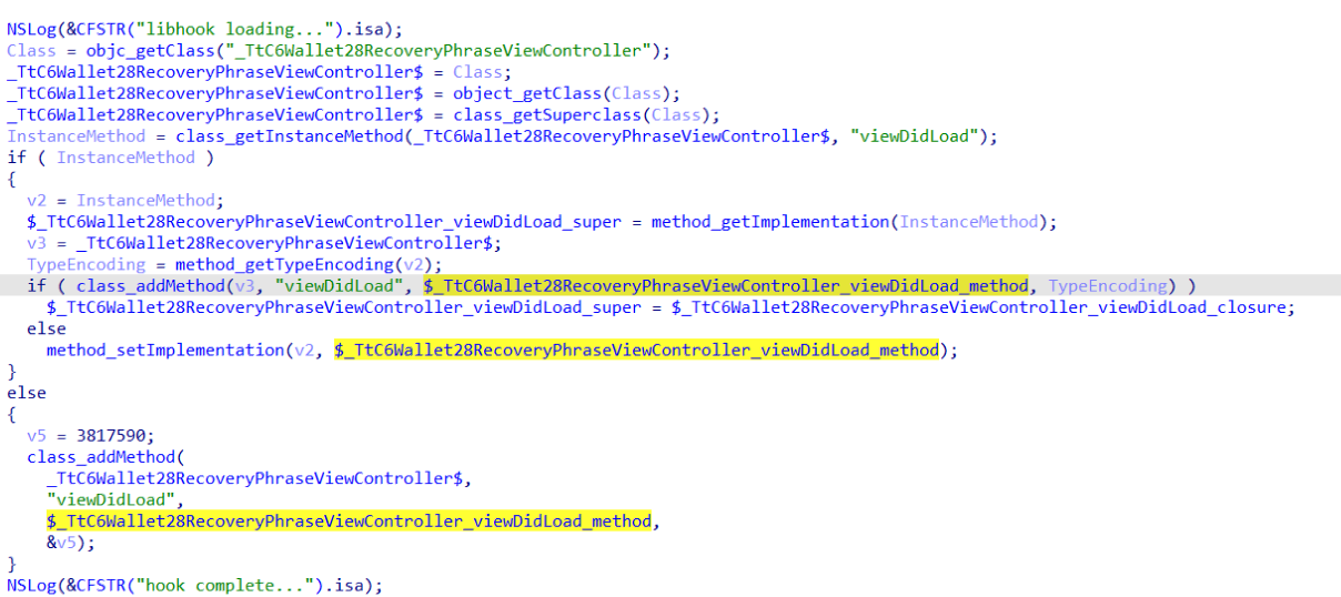 A code snippet where a malicious initialization function hijacks the original viewDidLoad method of the class responsible for the recovery phrase screen